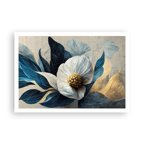 Affiche - Poster - Une fleur aux feuilles bleues sur un fond élégant - 100x70cm - Il a un coeur d'or - Décoration murale moderne pour le salon et la chambre ARTTOR
