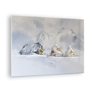 Impression sur verre - Image sur verre - Paysage d'hiver avec un chalet et des meules de foin dans les montagnes - 70x50cm - Dans une vallée enneigée - Décoration murale moderne pour le salon et la chambre ARTTOR