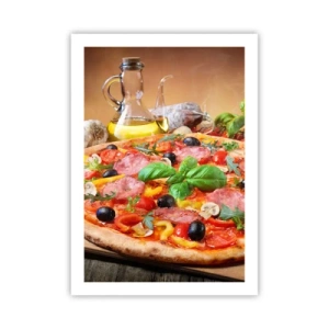 Affiche - Poster - Pizza appétissante aux olives et aux herbes sur une table en bois - 50x70cm - Avec une vraie saveur italienne - Décoration murale moderne pour le salon et la chambre ARTTOR