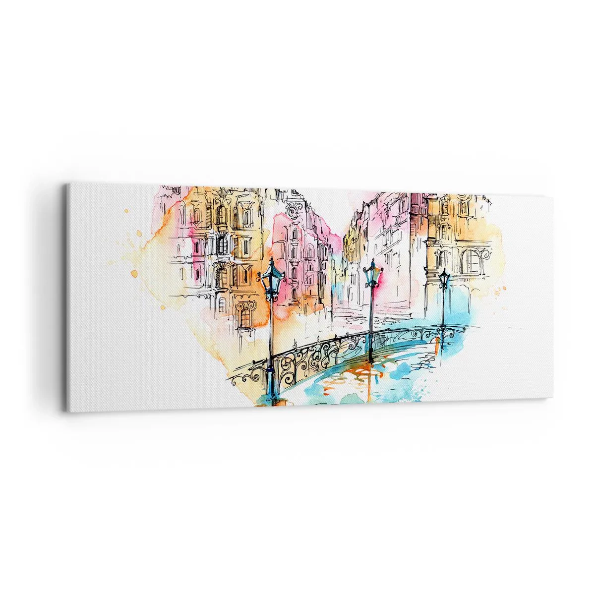 Impression sur toile - Image sur toile - Aquarelle d'un pont et de maisons en forme de cœur - 120x50cm - Le coeur de la ville - Décoration murale moderne pour le salon et la chambre ARTTOR