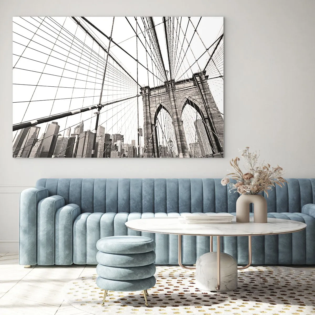 Impression sur verre - Image sur verre - Un pont suspendu avec un panorama de la ville en arrière-plan en sépia - 70x50cm - Cathédrale New Yorkaise - Décoration murale moderne pour le salon et la chambre ARTTOR