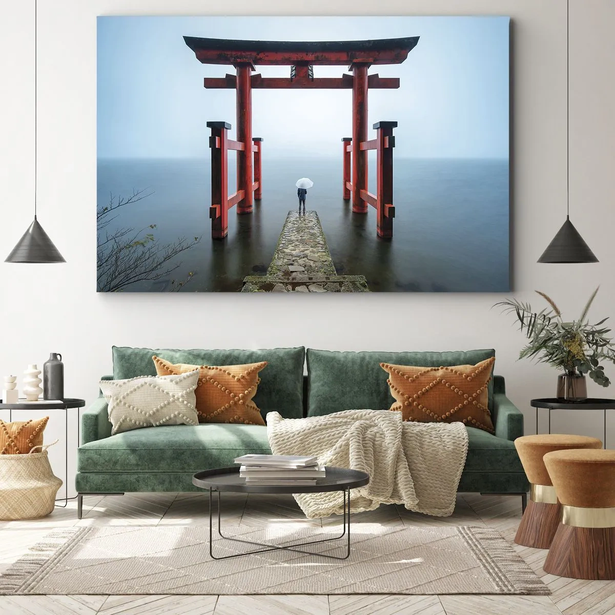 Impression sur toile - Image sur toile - Un portail torii surplombant un lac tranquille au Japon - 70x50cm - Rêverie japonnaise - Décoration murale moderne pour le salon et la chambre ARTTOR