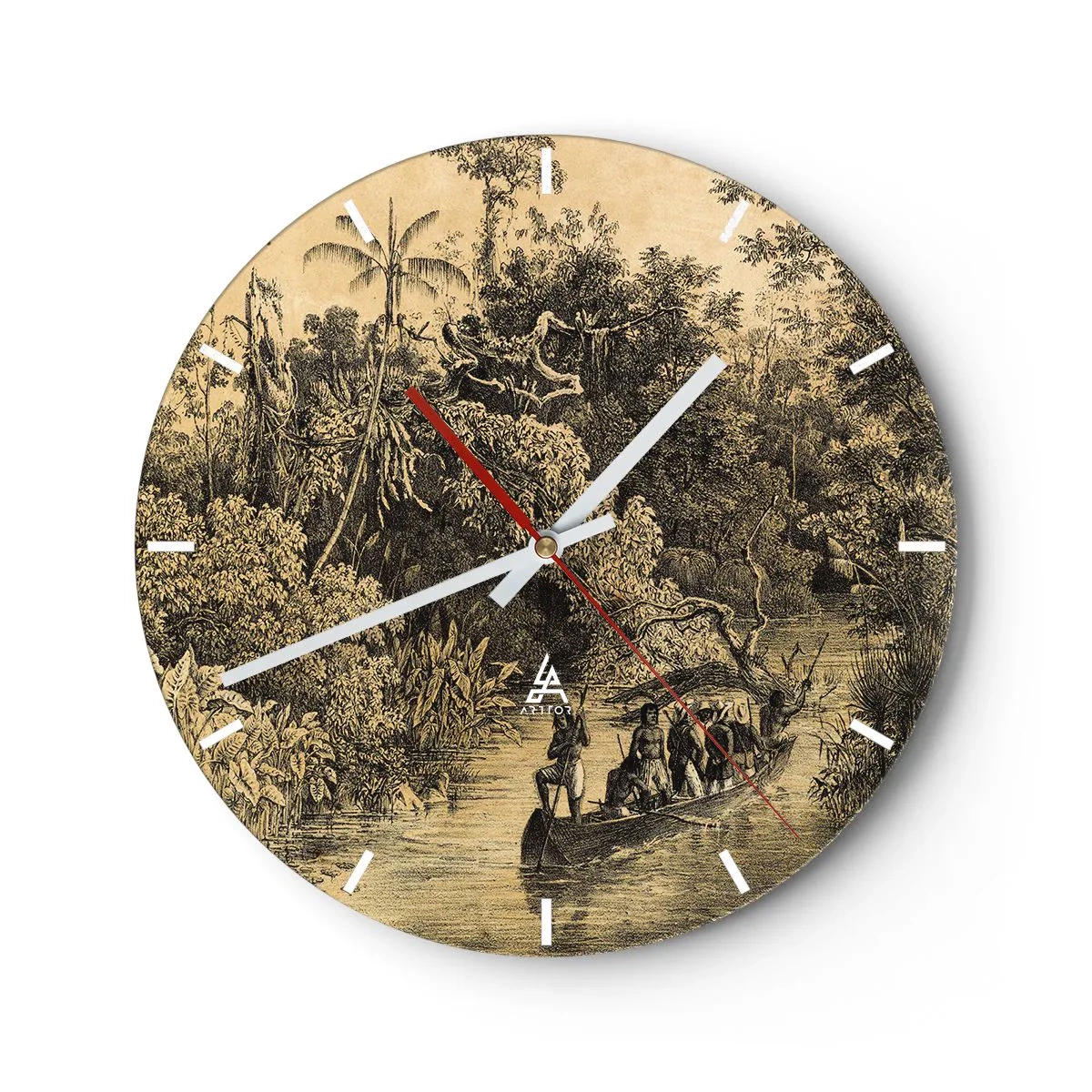 Horloge murale - Pendule murale - Illustration rétro d'une expédition dans la jungle tropicale - 30x30cm - Expédition à la source - Décoration murale moderne pour le salon, la cuisine et la chambre ARTTOR