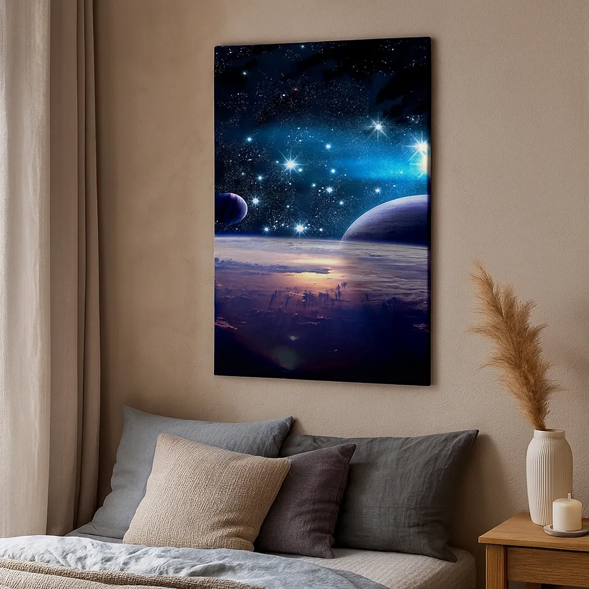 Impression sur toile - Image sur toile - Une vue de l'espace avec des planètes et des étoiles - 50x70cm - Toujours seul? - Décoration murale moderne pour le salon et la chambre ARTTOR
