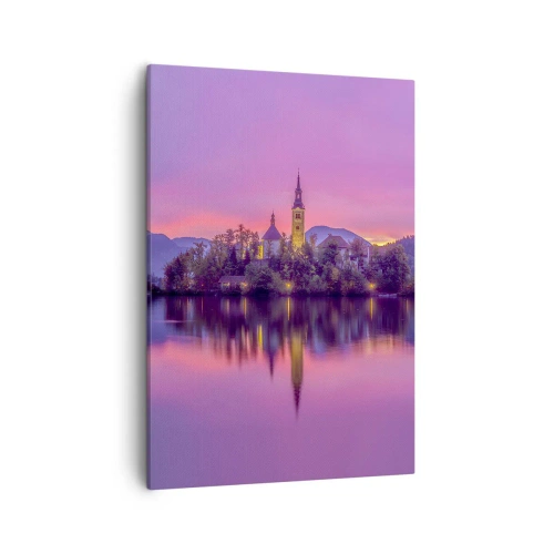 Impression sur toile - Image sur toile - Lac avec une île et une église au coucher du soleil - 50x70cm - Une île de conte de fées au crépuscule - Décoration murale moderne pour le salon et la chambre ARTTOR