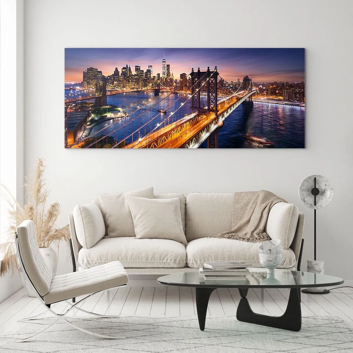 Impression sur verre - Image sur verre - Le pont et le panorama de la ville au coucher du soleil - 160x50cm - Un pont lumineux au cœur de la ville - Décoration murale moderne pour le salon et la chambre ARTTOR
