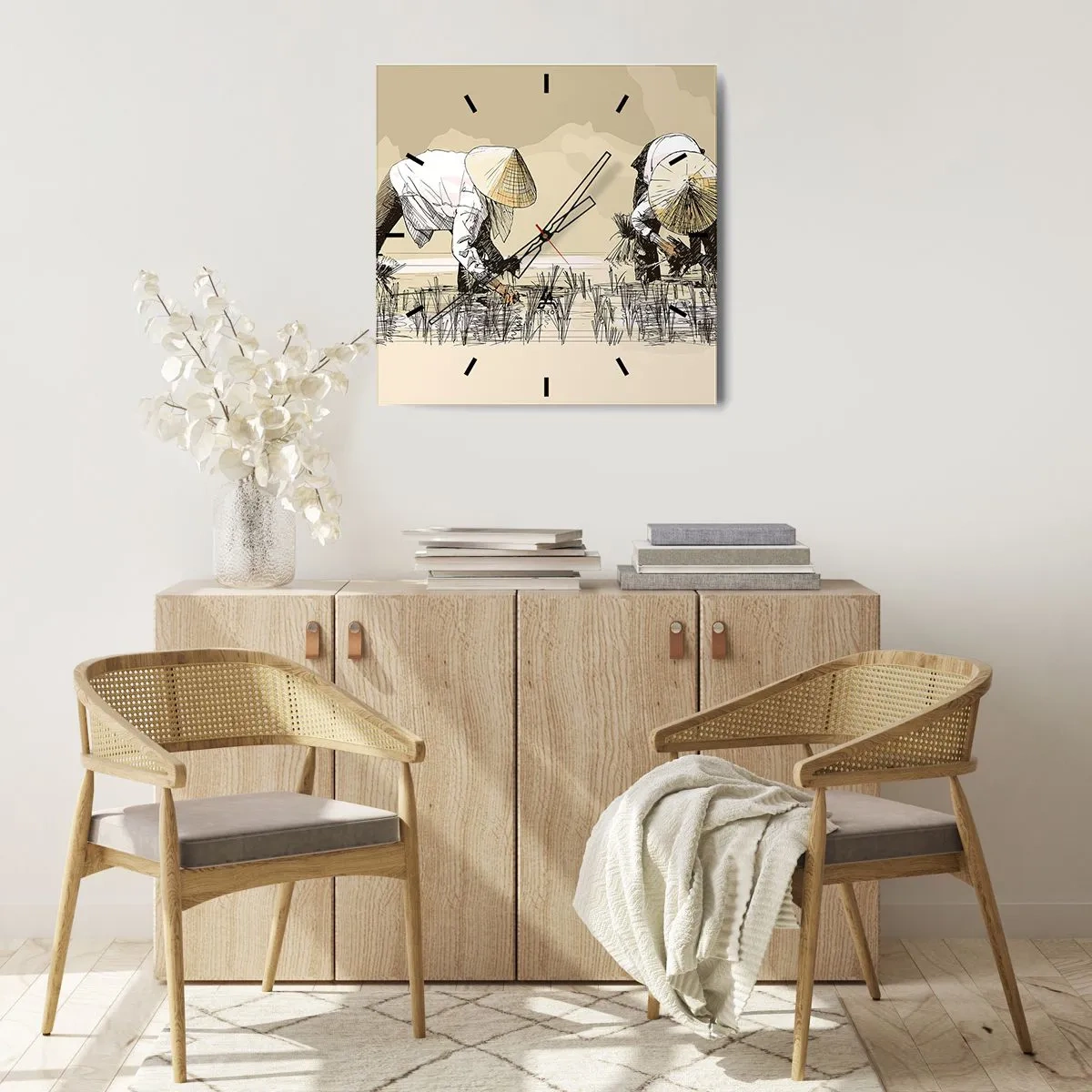 Horloge murale - Pendule murale - Des agriculteurs travaillant dans une rizière portant des coiffures traditionnelles - 30x30cm - Récolte réussie - Décoration murale moderne pour le salon et la chambre ARTTOR