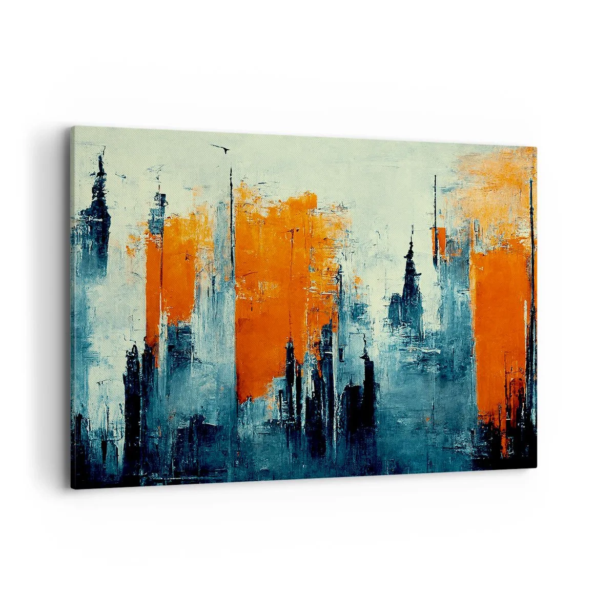 Impression sur toile - Image sur toile - Paysage urbain abstrait dans des tons orange et bleu - 100x70cm - Paysage moderne - Décoration murale moderne pour le salon et la chambre ARTTOR