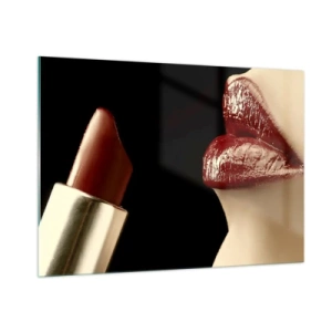 Impression sur verre - Image sur verre - Lèvres sensuelles avec du rouge à lèvres cramoisi sur fond sombre - 100x70cm - Sensualité et brillance du carmin - Décoration murale moderne pour le salon et la chambre ARTTOR