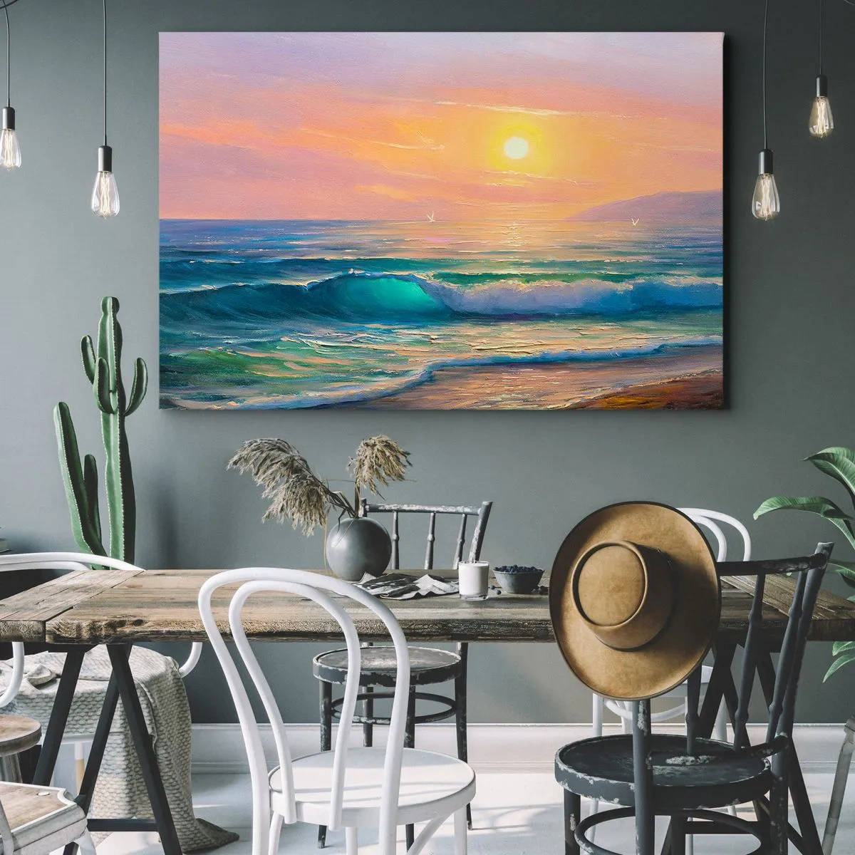 Impression sur toile - Image sur toile - Paysage marin avec coucher de soleil - 120x80cm - Le chant turquoise des vagues - Décoration murale moderne pour le salon et la chambre ARTTOR