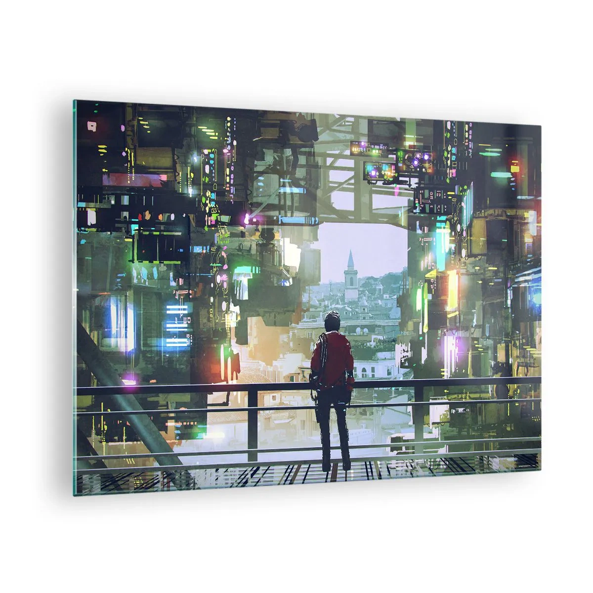 Impression sur verre - Image sur verre - Une figure sur fond de ville futuriste avec vue sur la vieille ville - 70x50cm - Deux mondes - Décoration murale moderne pour le salon et la chambre ARTTOR