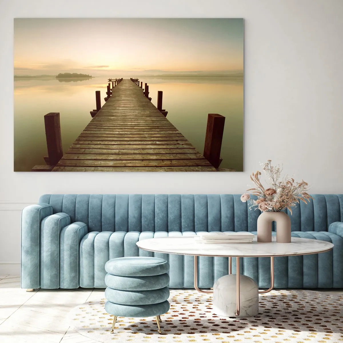 Impression sur verre - Image sur verre - Une jetée en bois sur un lac calme à l'aube - 70x50cm - L'aube, les premières lueurs, le jour  - Décoration murale moderne pour le salon et la chambre ARTTOR