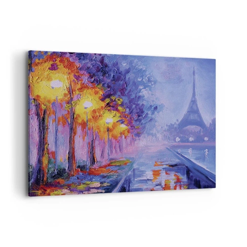 Impression sur toile - Image sur toile - Une avenue avec des lampadaires à Paris avec la Tour Eiffel en arrière-plan - 120x80cm - Une ballade idéale - Décoration murale moderne pour le salon et la chambre ARTTOR