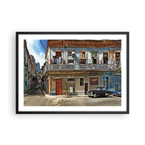 Affiche dans un cadre noir - Poster - Des immeubles colorés et une voiture classique dans le paysage urbain - 70x50cm - Climat hawaïen - Décoration murale moderne pour le salon et la chambre ARTTOR