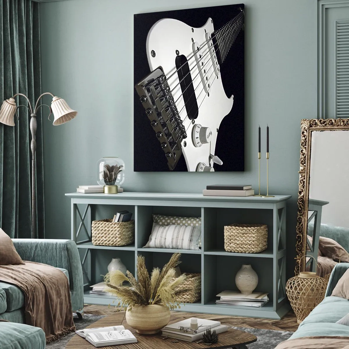 Impression sur toile - Image sur toile - Gros plan d'une guitare électrique blanche sur fond noir. - 80x120cm - Son caché en blanc - Décoration murale moderne pour le salon et la chambre ARTTOR