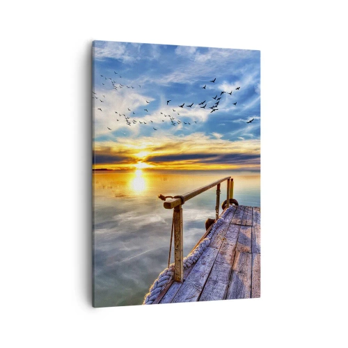 Impression sur toile - Image sur toile - Jetée en bois sur le lac au coucher du soleil - 50x70cm - Le vent se repose - Décoration murale moderne pour le salon et la chambre ARTTOR