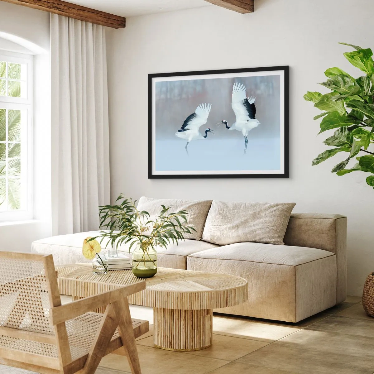 Affiche dans un cadre noir - Poster - Deux grues dansant dans un paysage brumeux - 70x50cm - Danse dans le brouillard - Décoration murale moderne pour le salon et la chambre ARTTOR