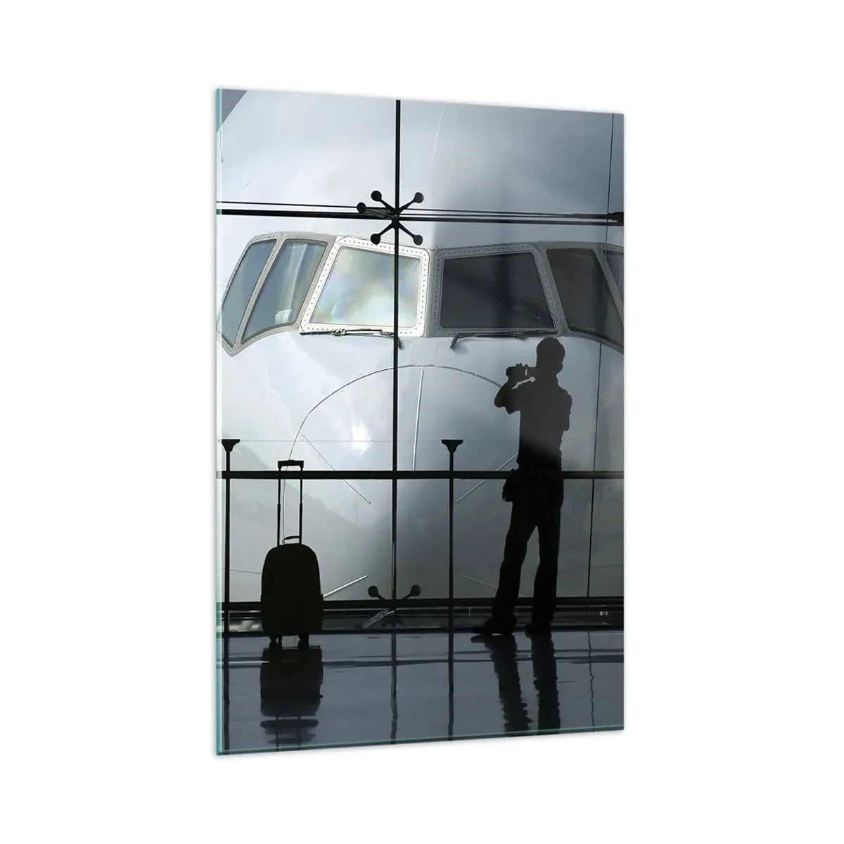 Impression sur verre - Image sur verre - Aéroport avec des silhouettes de personnes et une vue de l'avion - 80x120cm - Vis-à-vis de l'aéroport - Décoration murale moderne pour le salon et la chambre ARTTOR