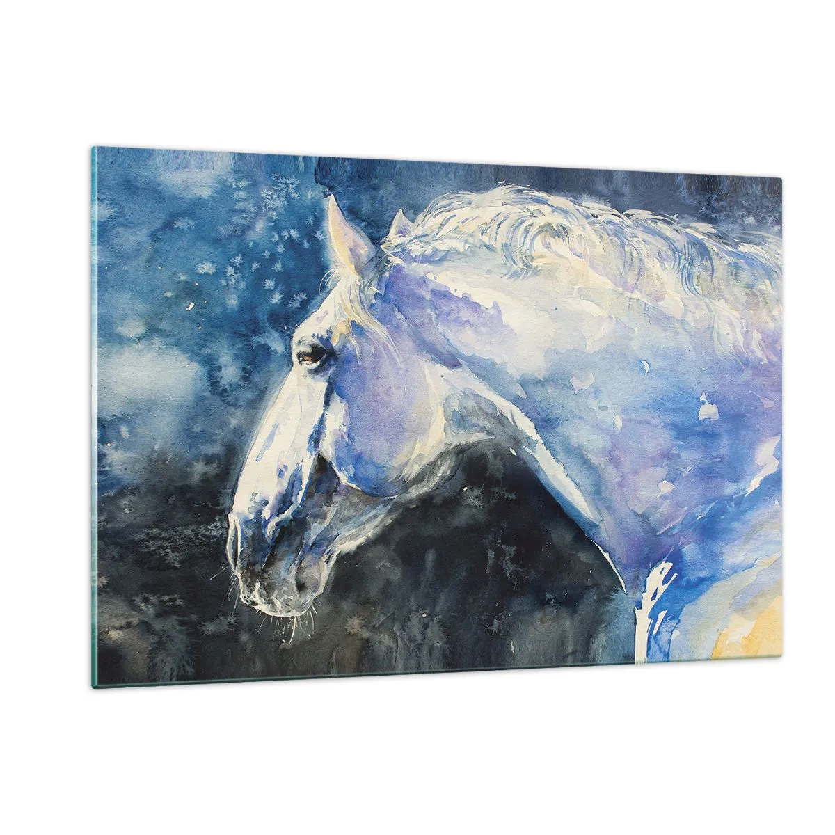 Impression sur verre - Image sur verre - Portrait à l'aquarelle d'un cheval dans les tons bleus - 120x80cm - Portrait dans une lueur azur - Décoration murale moderne pour le salon et la chambre ARTTOR