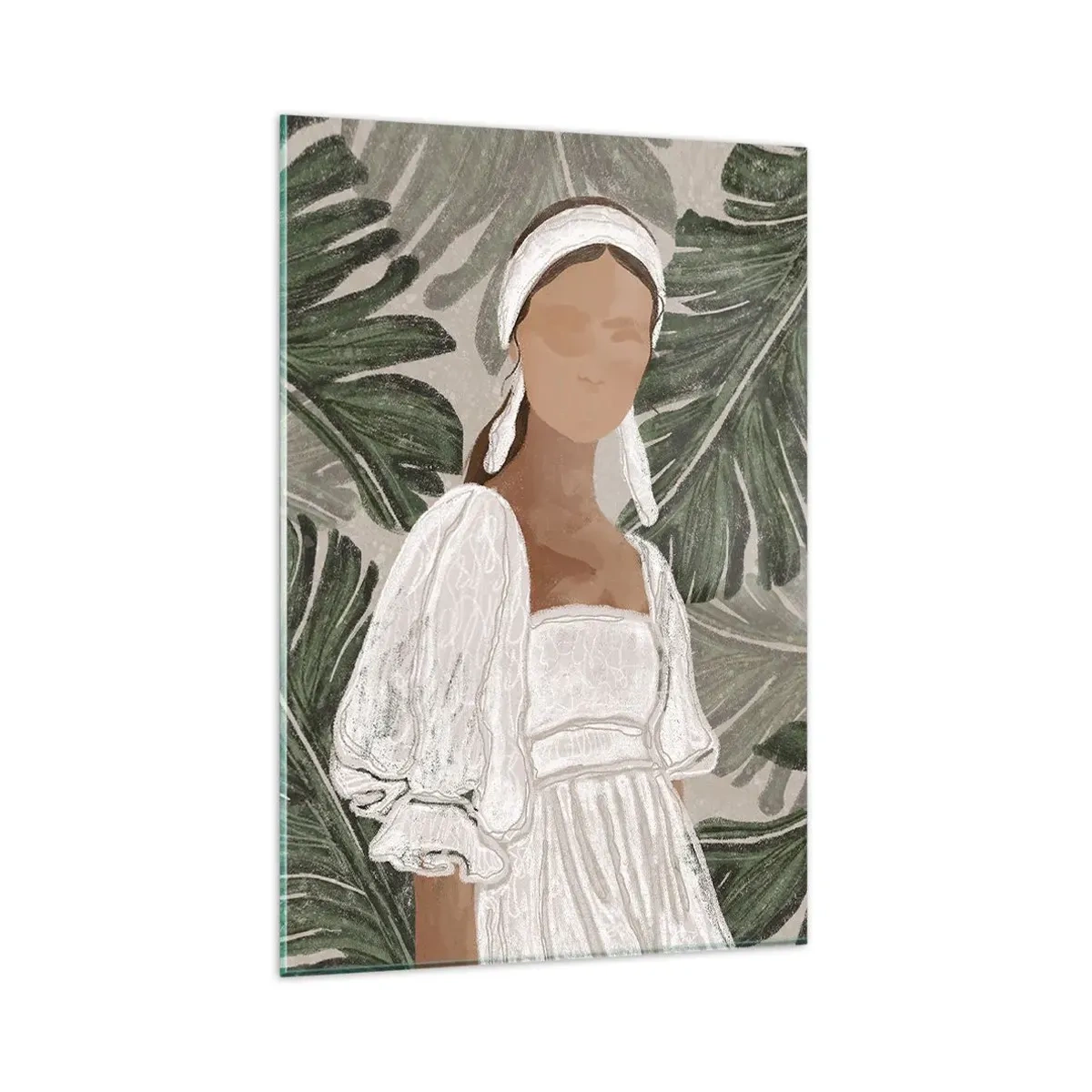 Impression sur verre - Image sur verre - Portrait d'une femme en robe blanche sur fond de feuilles de monstera - 80x120cm - Portrait exotique - Décoration murale moderne pour le salon et la chambre ARTTOR