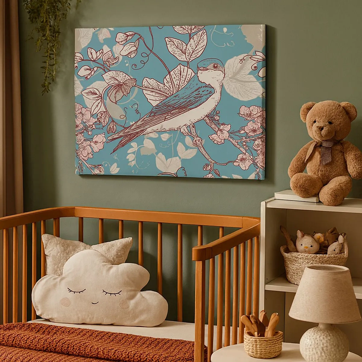 Impression sur toile - Image sur toile - Un oiseau sur une branche dans un style floral délicat - 70x50cm - Dans le bois blanc du rouge et de l'argent - Décoration murale moderne pour le salon et la chambre ARTTOR