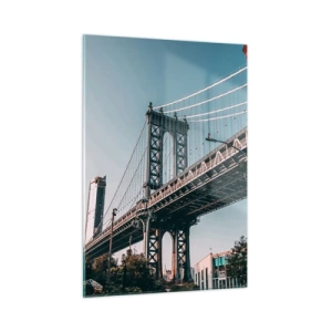 Impression sur verre - Image sur verre - Un pont suspendu entre des bâtiments en briques dans un cadre urbain - 50x70cm - Sur les vagues de la ville - Décoration murale moderne pour le salon et la chambre ARTTOR