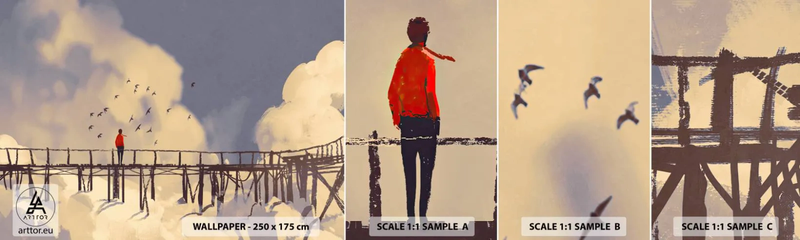 Échantillon de Papier Peint Autocollant Deluxe Sticker - Bleu nostalgie - Abstraction, Pont, Des nuages - 100x30 cm