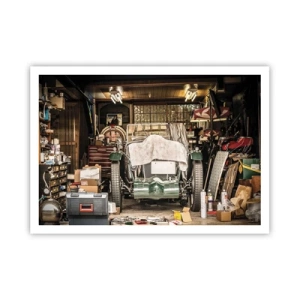 Affiche - Poster - Une vieille voiture dans un garage entourée d'outils et d'équipements - 100x70cm - Retour vers le passé - Décoration murale moderne pour le salon et la chambre ARTTOR
