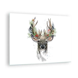 Impression sur verre - Image sur verre - Portrait d'un cerf avec des décorations de Noël, des branches et des baies - 70x50cm - En robe de fête - Décoration murale moderne pour le salon et la chambre ARTTOR
