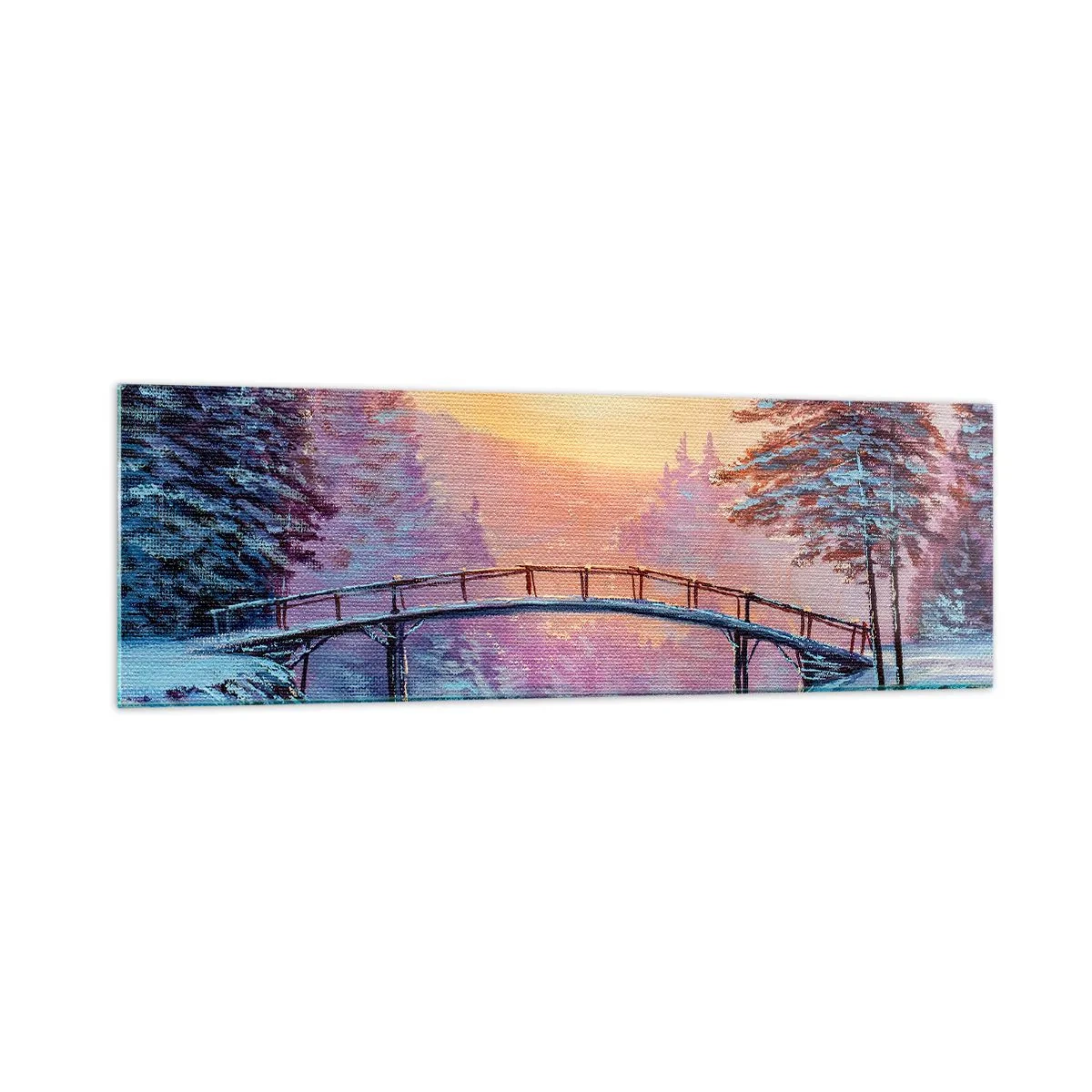 Impression sur verre - Image sur verre - Paysage d'hiver avec un pont illuminé par le coucher du soleil - 160x50cm - Quatre saisons - hiver - Décoration murale moderne pour le salon et la chambre ARTTOR