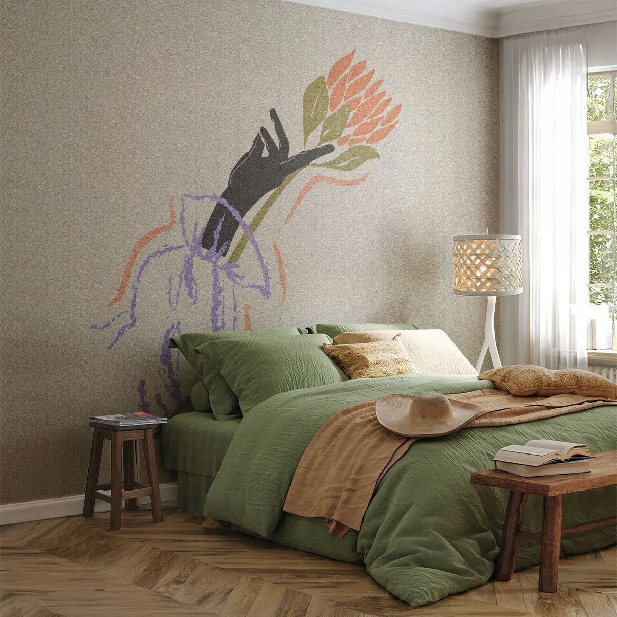 Papier Peint Autocollant Deluxe Sticker - Touche fraternelle - Main, Fleur, Minimalisme - 150x105 cm