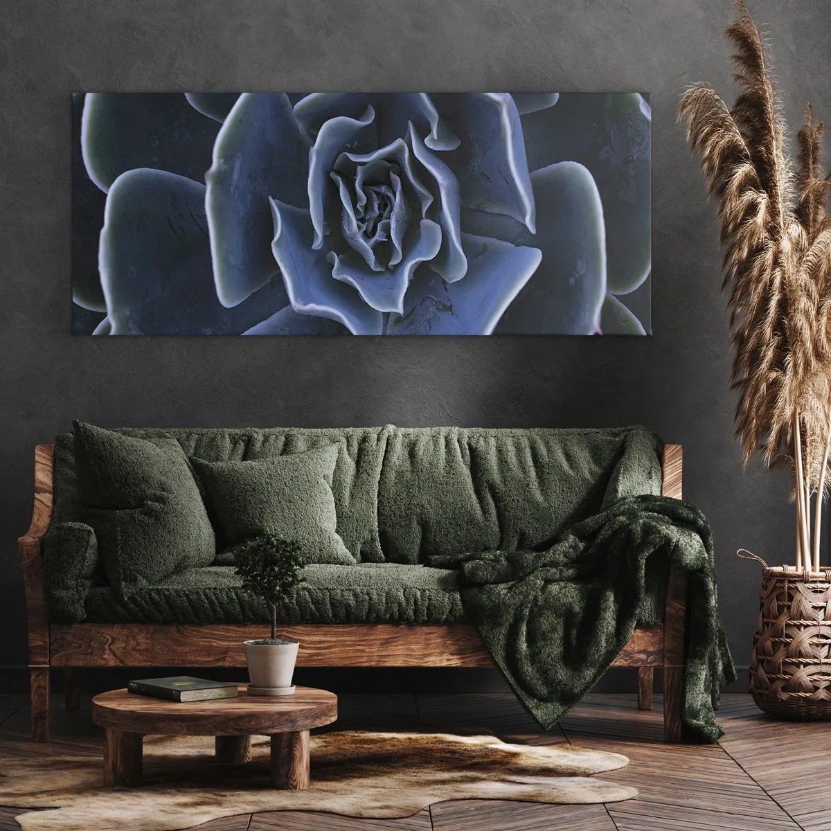 Impression sur toile - Image sur toile - Gros plan d'une rosette succulente verte - 140x50cm - Fleur du désert - Décoration murale moderne pour le salon et la chambre ARTTOR