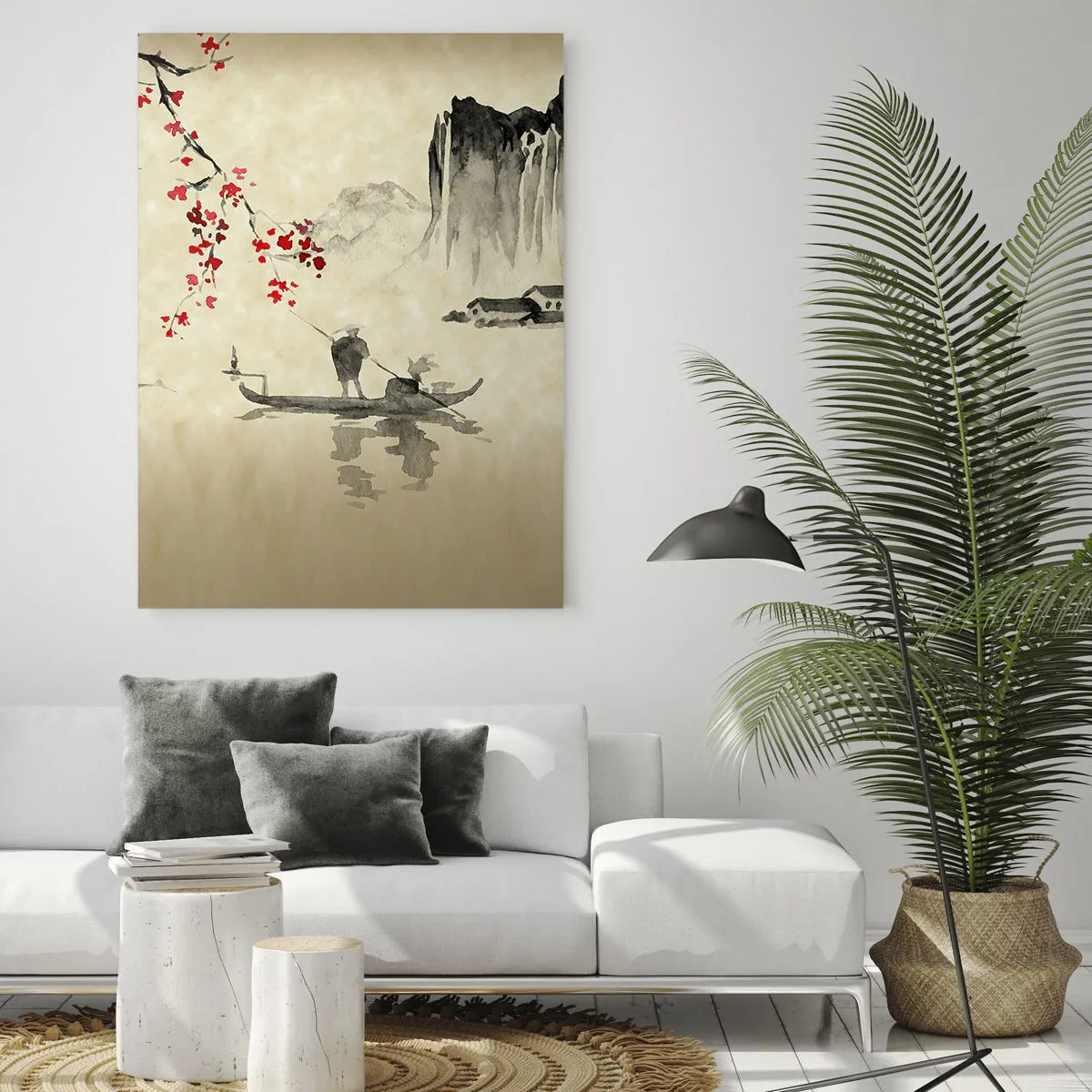 Impression sur verre - Image sur verre - Illustration orientale avec un bateau et une branche fleurie - 70x100cm - Au pays des cerisiers en fleurs - Décoration murale moderne pour le salon et la chambre ARTTOR