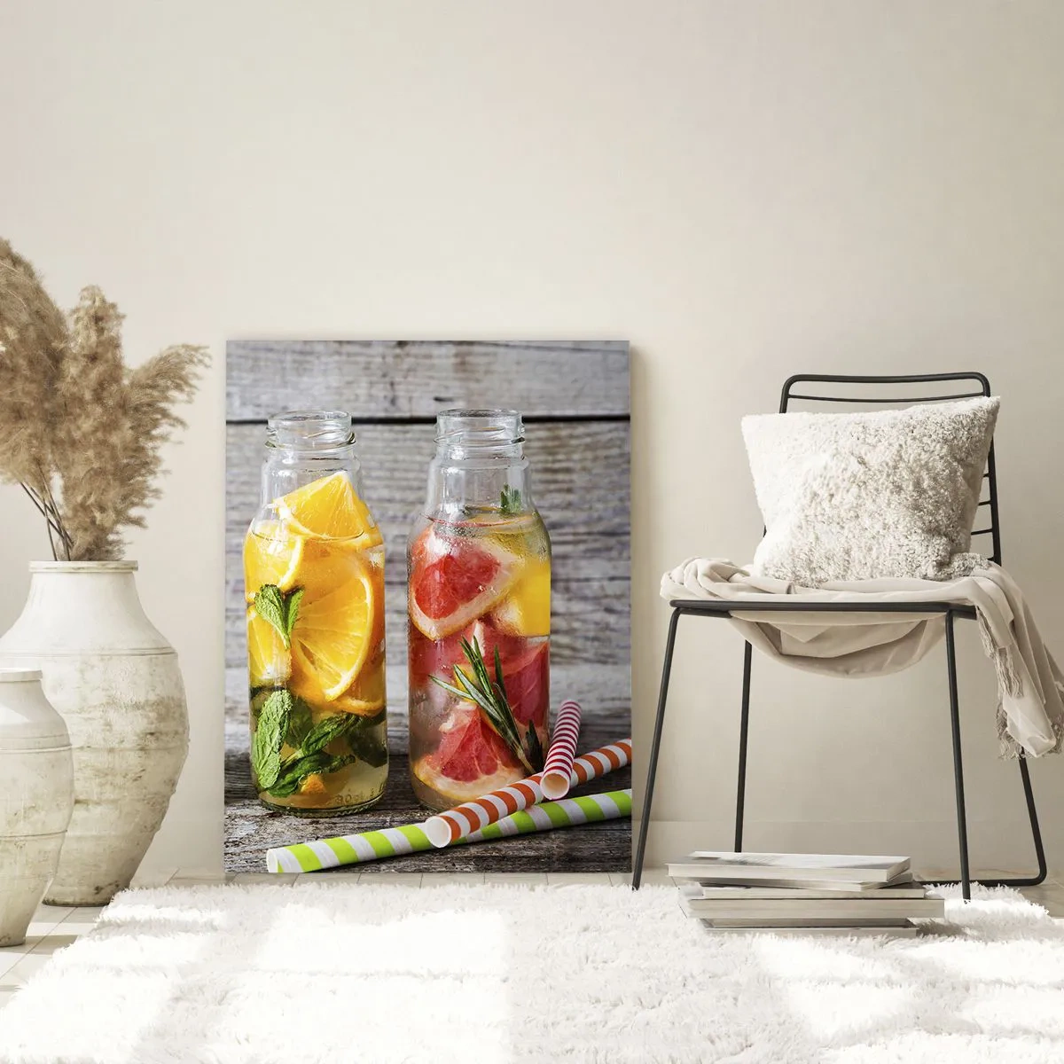 Impression sur verre - Image sur verre - Bouteilles d'eau fruitée et d'herbes sur fond de bois - 50x70cm - Sain par nature - Décoration murale moderne pour le salon et la chambre ARTTOR