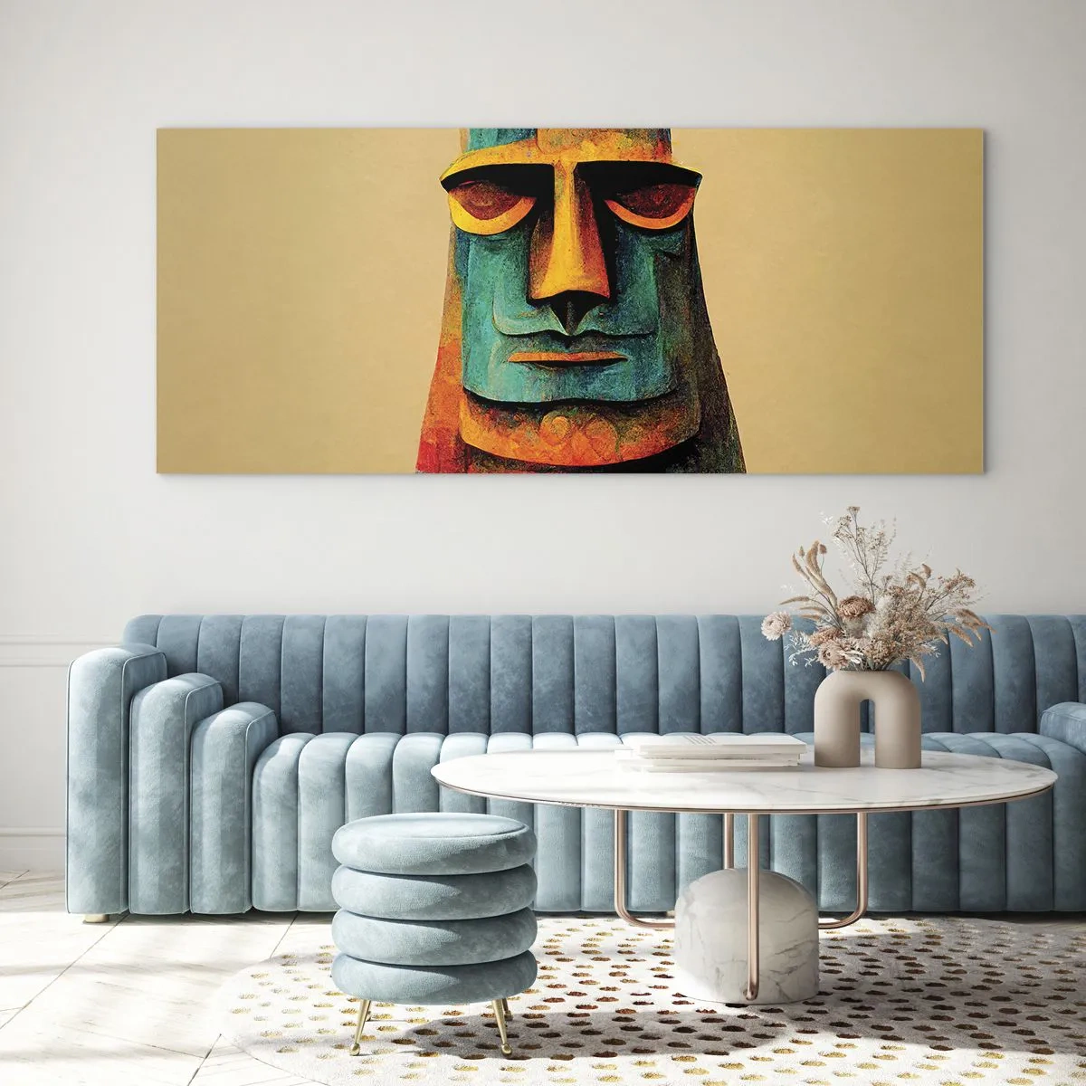 Impression sur verre - Image sur verre - Statue colorée de l'île de Pâques - 140x50cm - Statuesque et sympathique - Décoration murale moderne pour le salon et la chambre ARTTOR