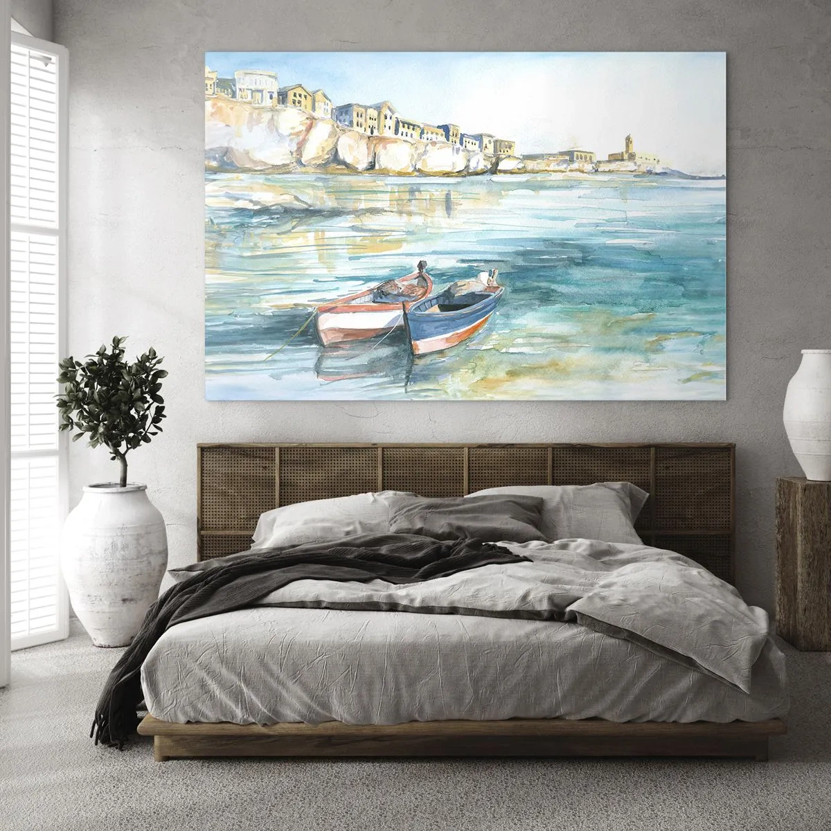 Impression sur verre - Image sur verre - Une baie aigue-marine avec des bateaux et des bâtiments sur la falaise - 100x70cm - Paysage dans l'azur - Décoration murale moderne pour le salon et la chambre ARTTOR