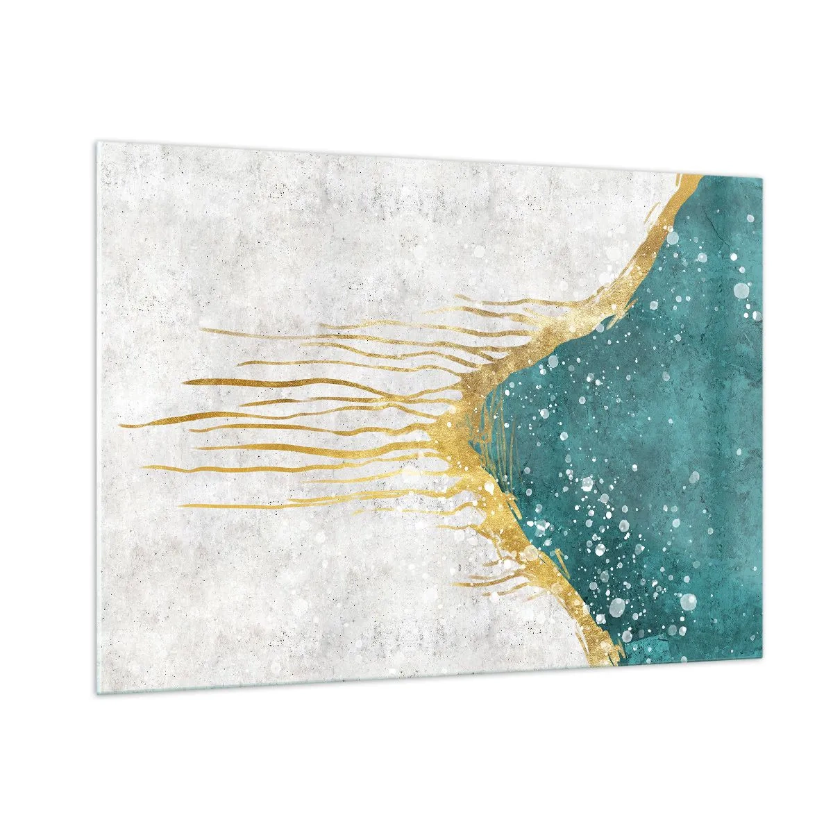 Impression sur verre - Image sur verre - Motif abstrait doré sur fond turquoise et blanc - 100x70cm - Marée dorée - Décoration murale moderne pour le salon et la chambre ARTTOR
