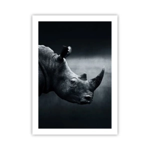 Affiche - Poster - Portrait noir et blanc d'un rhinocéros sur fond sombre - 50x70cm - Le profil droit - Décoration murale moderne pour le salon et la chambre ARTTOR