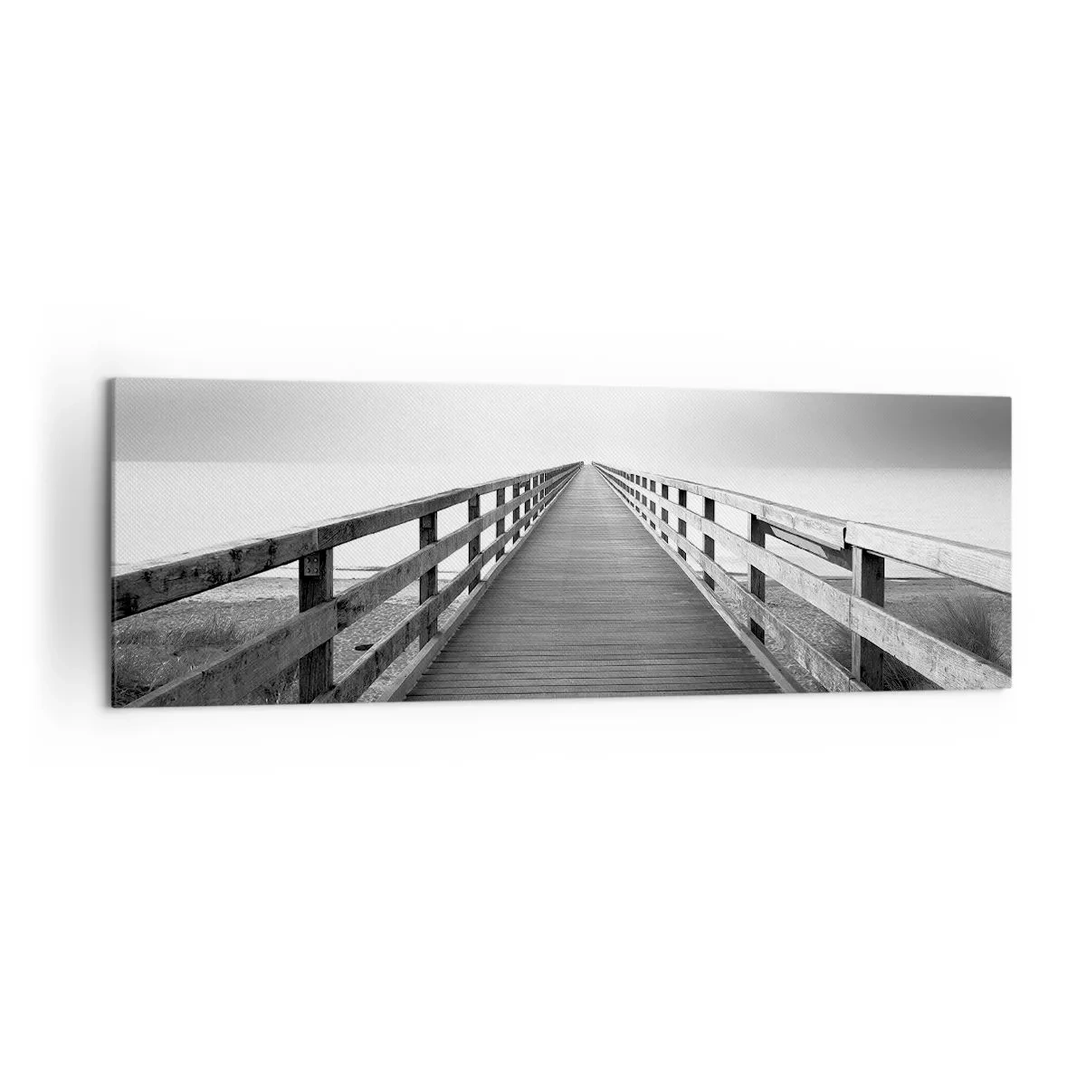 Impression sur toile - Image sur toile - Une image en noir et blanc d'une jetée en bois menant vers l'horizon. - 160x50cm - A perte de vue... - Décoration murale moderne pour le salon et la chambre ARTTOR