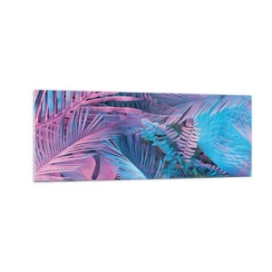 Impression sur verre - Image sur verre - Feuilles tropicales dans les tons de rose et de bleu - 140x50cm - Les tropiques en rose et bleu - Décoration murale moderne pour le salon et la chambre ARTTOR