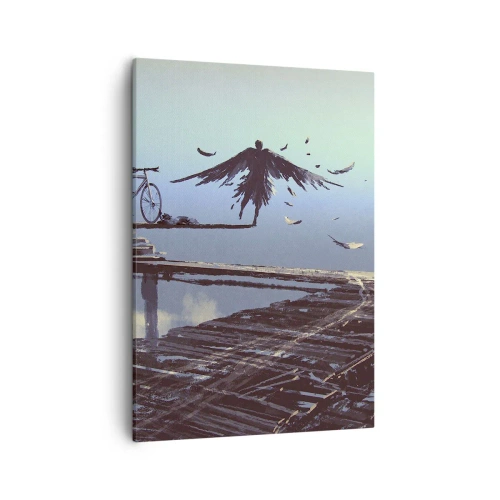 Impression sur toile - Image sur toile - Une silhouette avec des plumes plane au-dessus d'un pont en bois à côté d'un vélo. - 50x70cm - Icare est toujours vivant - Décoration murale moderne pour le salon et la chambre ARTTOR