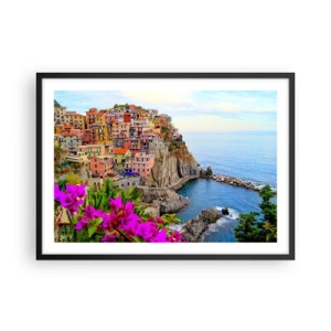 Affiche dans un cadre noir - Poster - Maisons colorées sur une falaise surplombant la mer dans un paysage pittoresque - 70x50cm - La ville qui rit - Décoration murale moderne pour le salon et la chambre ARTTOR