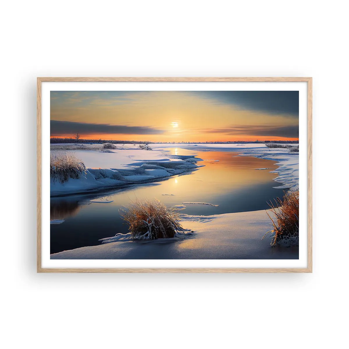 Affiche dans un chêne clair - Poster - Coucher de soleil d'hiver - 100x70 cm