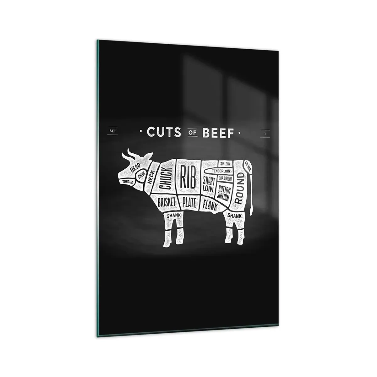 Impression sur verre - Image sur verre - Diagramme des coupes de bœuf sur fond noir - 80x120cm - L'art de la découpe - Décoration murale moderne pour le salon et la chambre ARTTOR
