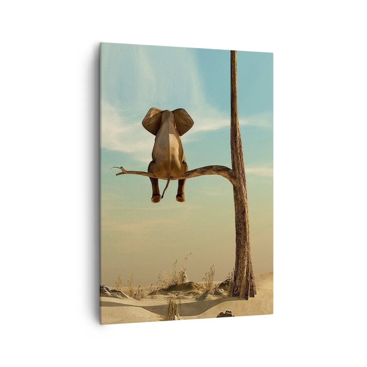 Impression sur toile - Image sur toile - Un éléphant assis sur une branche surplombant un paysage désertique - 70x100cm - Nouveau point de vue - Décoration murale moderne pour le salon et la chambre ARTTOR