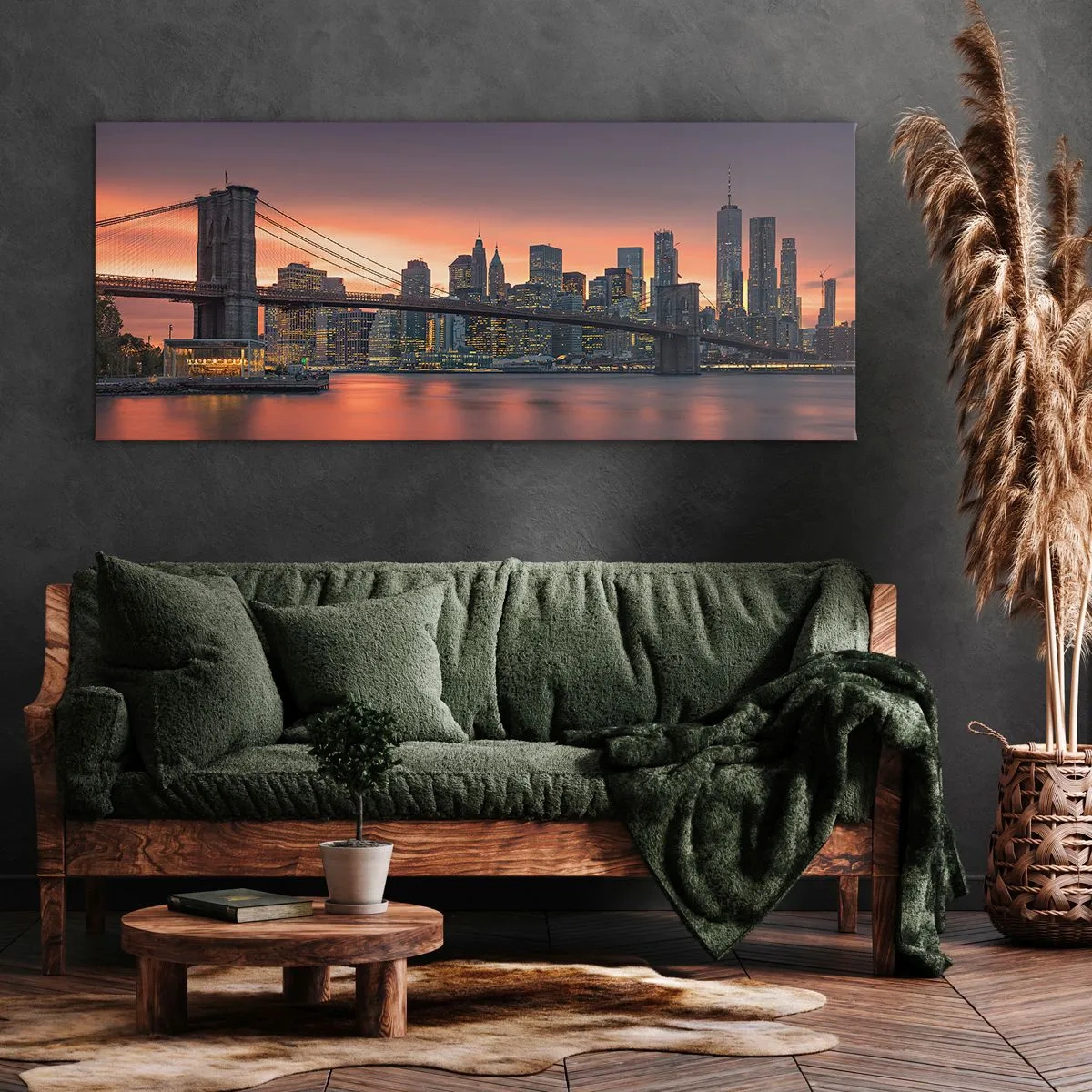 Impression sur toile - Image sur toile - Panorama nocturne de la ville avec un pont et un ciel illuminé - 120x50cm - Immergé dans le silence lilas - Décoration murale moderne pour le salon et la chambre ARTTOR
