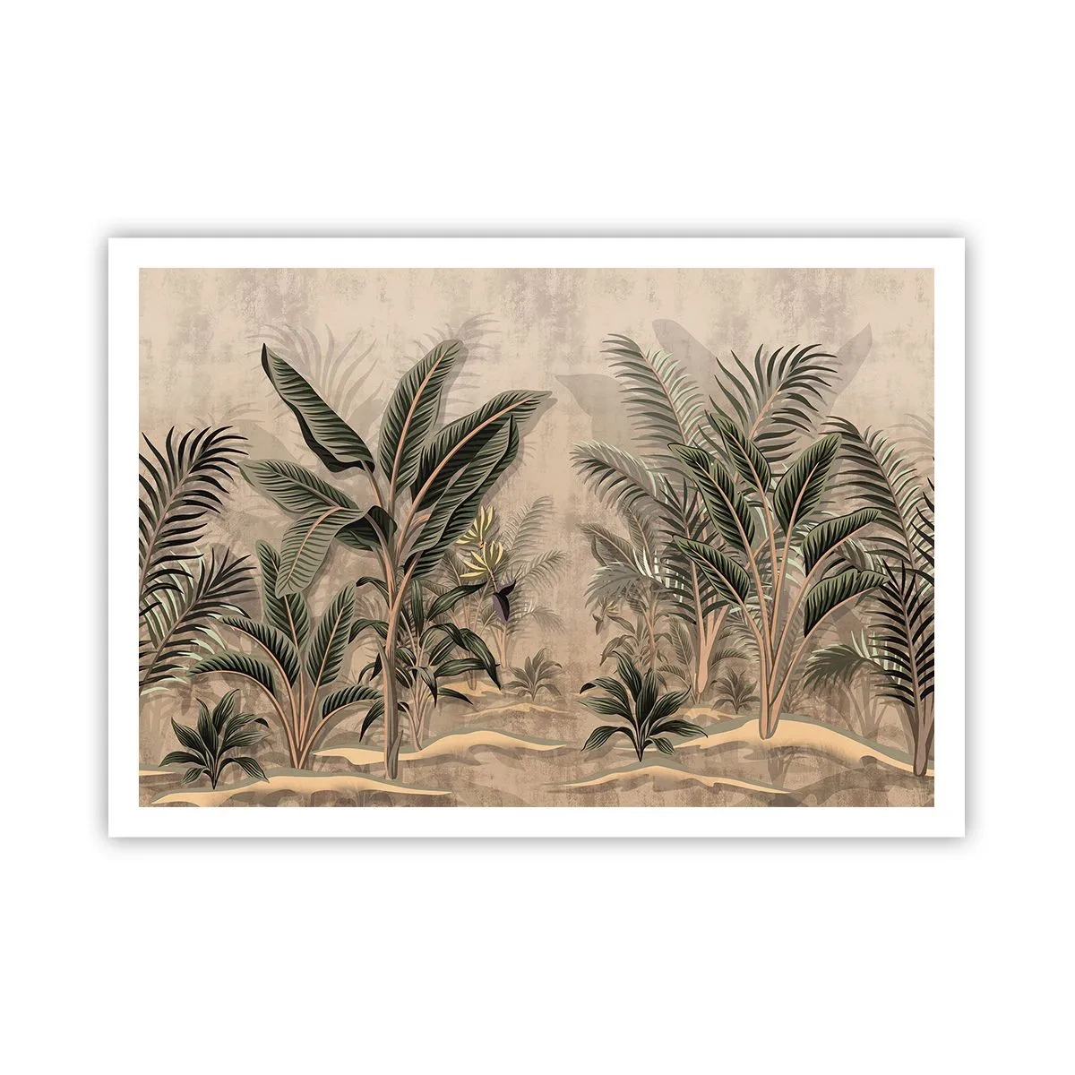 Affiche - Poster - Palmiers et végétation tropicale dans des tons verts sur fond beige - 100x70cm - Une gravure de style colonial - Décoration murale moderne pour le salon et la chambre ARTTOR