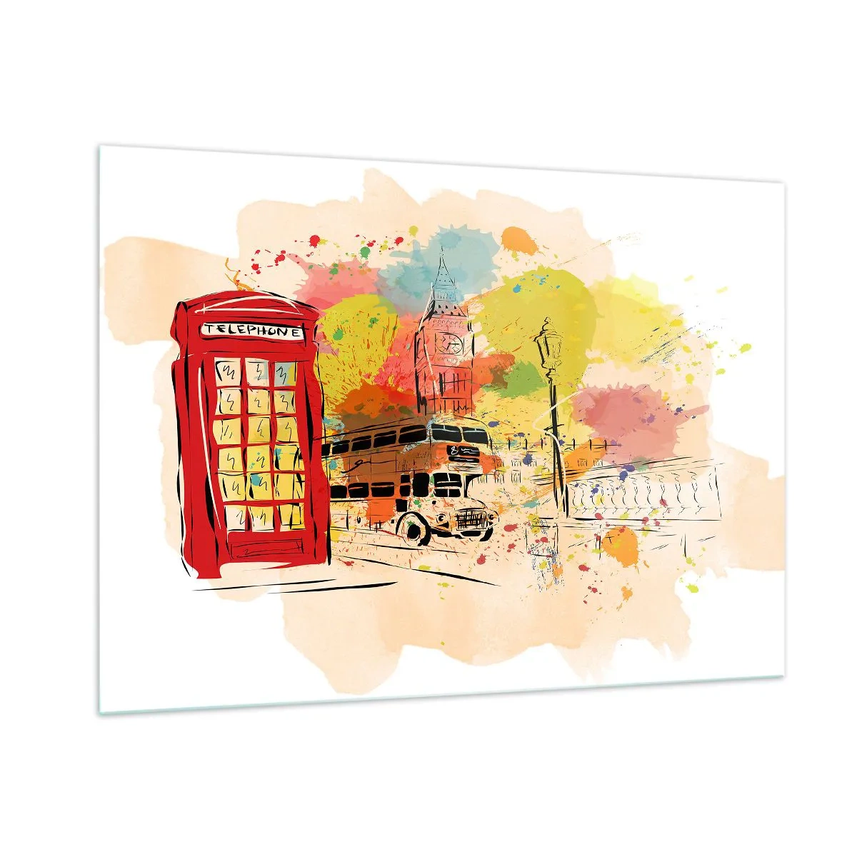 Impression sur verre - Image sur verre - Une cabine téléphonique rouge, un bus à impériale et Big Ben - 100x70cm - La ville de la variété - Décoration murale moderne pour le salon et la chambre ARTTOR