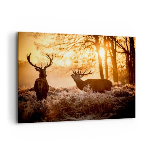Impression sur toile - Image sur toile - Deux cerfs au coucher du soleil dans un paysage hivernal - 100x70cm - Le rêve d'un chasseur - Décoration murale moderne pour le salon et la chambre ARTTOR