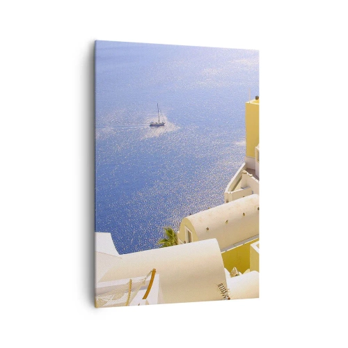 Impression sur toile - Image sur toile - Architecture grecque avec vue sur la mer et un bateau en arrière-plan - 70x100cm - Paysage grec en blanc et bleu ciel - Décoration murale moderne pour le salon et la chambre ARTTOR